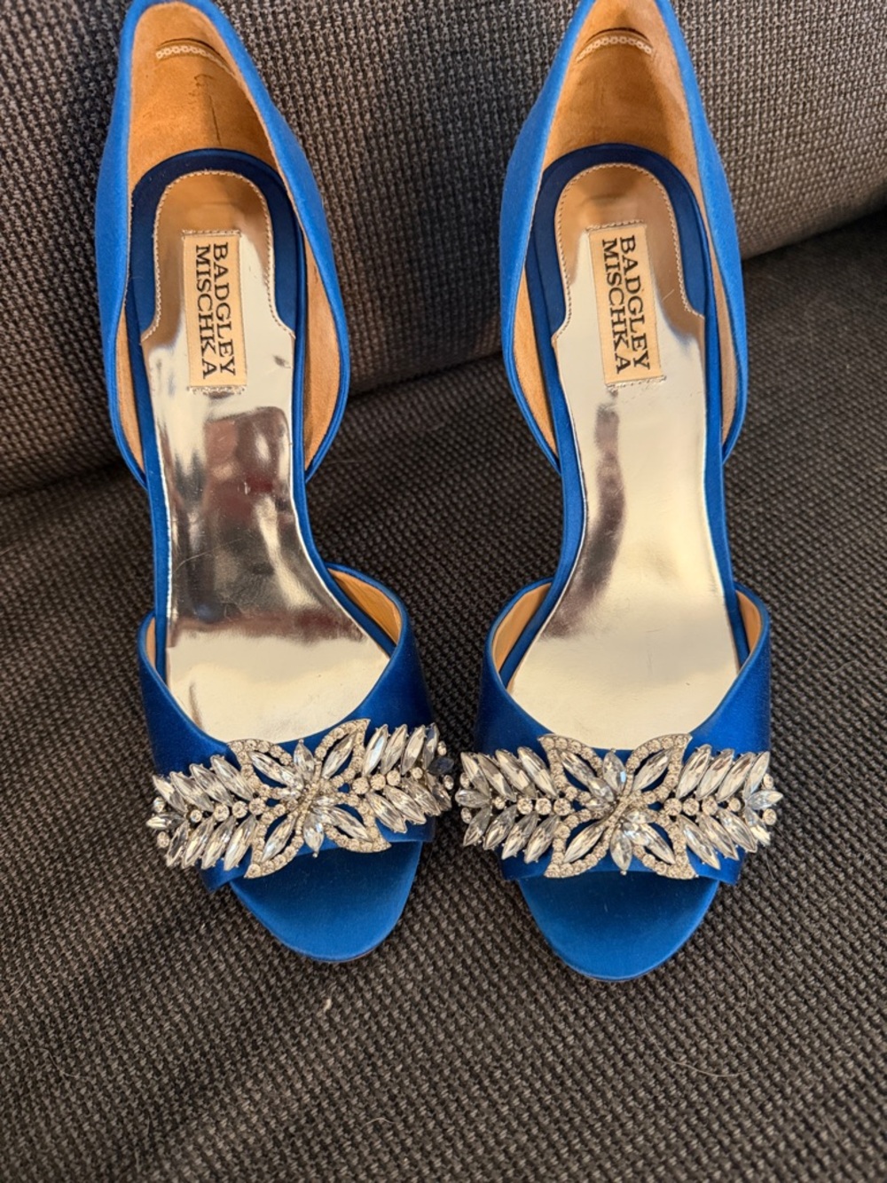 Badgley Mischka Cobalt Blue Satin Open-Toe Heels with Crystal Leaf Embellishment